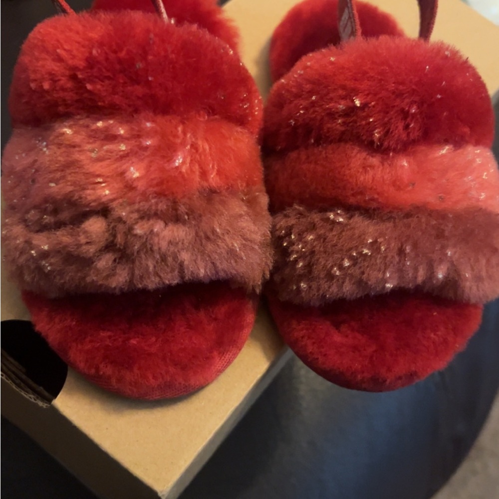 UGG Kids Red and Pink Fuzzy Sandals